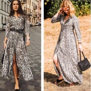 Zara Black And Grey Snake Print Long Shirt Dress Button Down Size XS